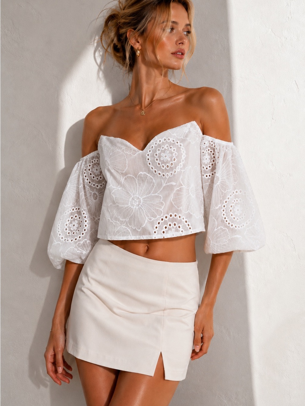 Guess White Off-Shoulder Eyelet Lace Crop Top with Built in Corset Bra